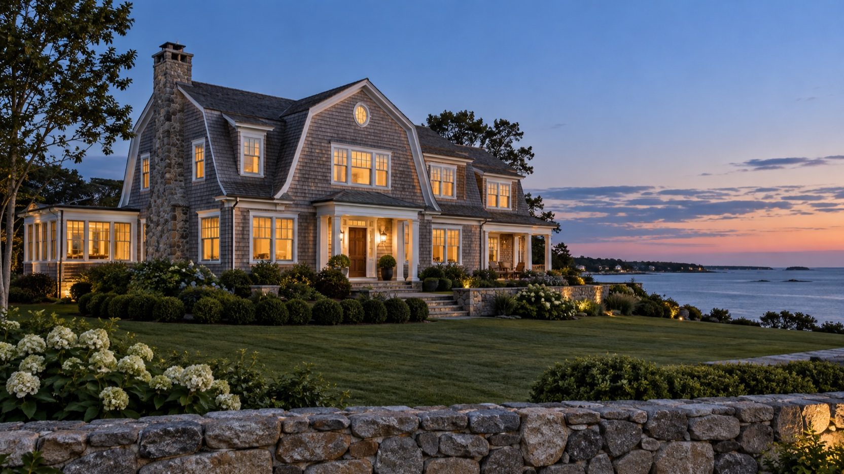 Shingle-style waterfront home at dusk on the Connecticut shoreline